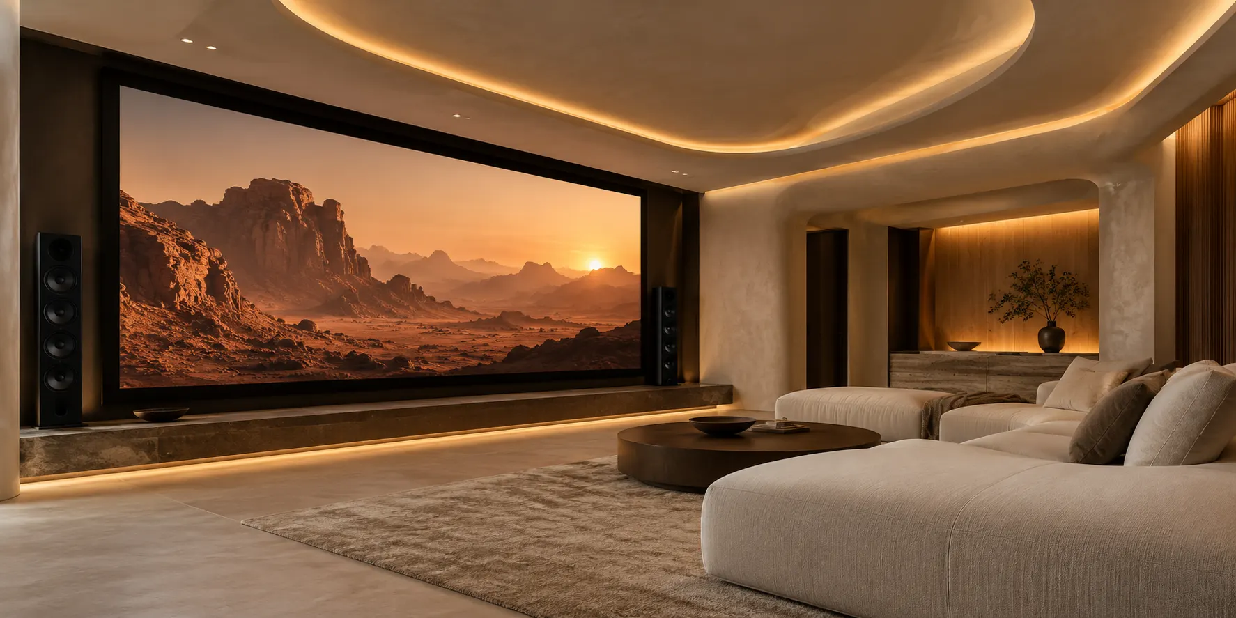 A softly illuminated contemporary home cinema with a desert landscape on the screen