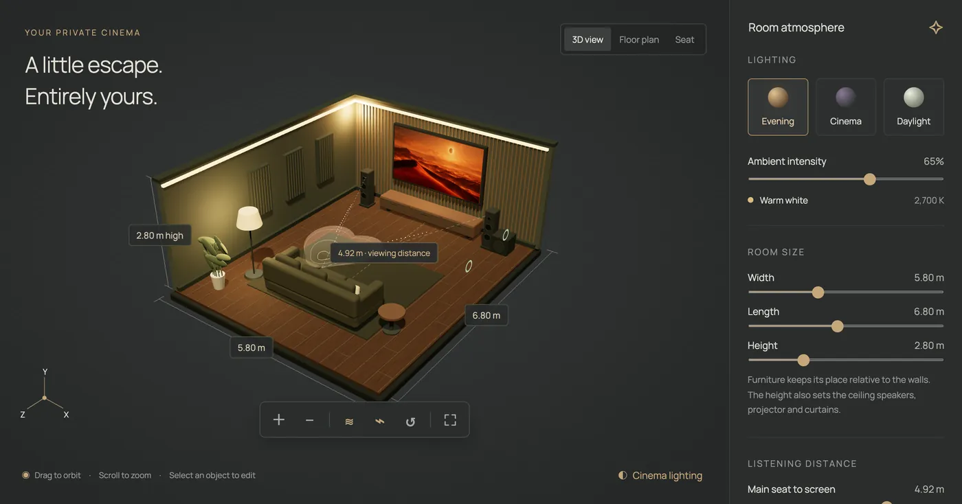 The 3D design studio: a furnished home cinema room with its acoustic overview