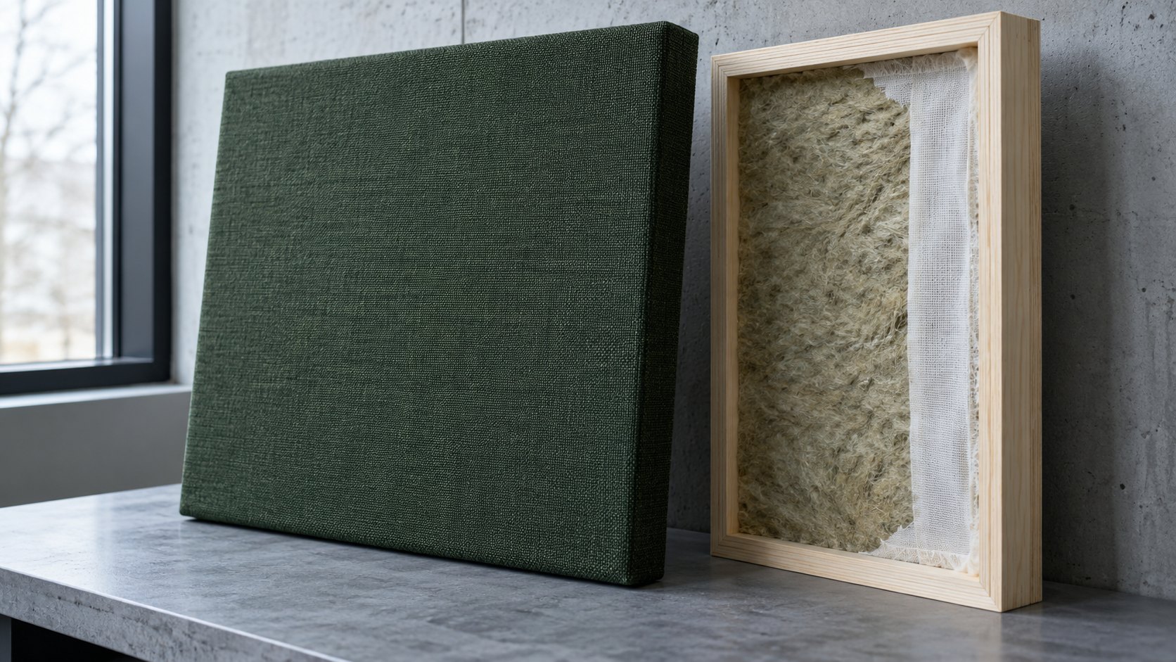 A forest-green fabric-wrapped panel standing beside a pine frame showing a porous fibre core behind a thin white scrim