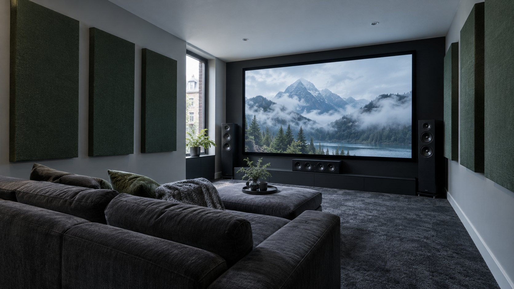 A dark home cinema with a wide screen between two floor-standing speakers, a charcoal sofa, and forest-green fabric acoustic panels on the side walls