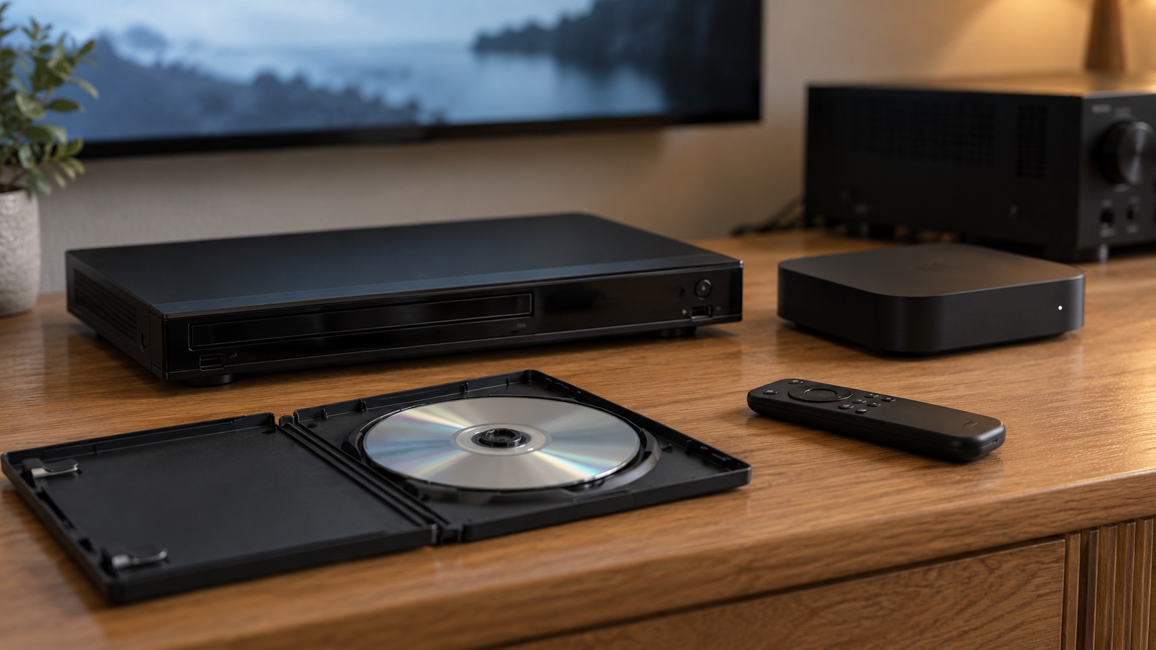 An illustrated media shelf with a disc player, an open disc case, a small streaming box, a remote control and part of a receiver, under a television.