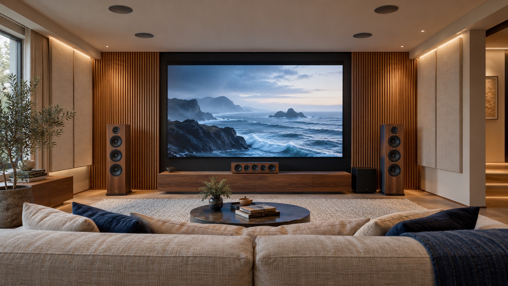 An illustrated living-room home cinema at dusk: a wide screen showing a rocky coastline, two floor-standing speakers, a centre speaker and a subwoofer on the front wall, and four round speakers set into the ceiling.