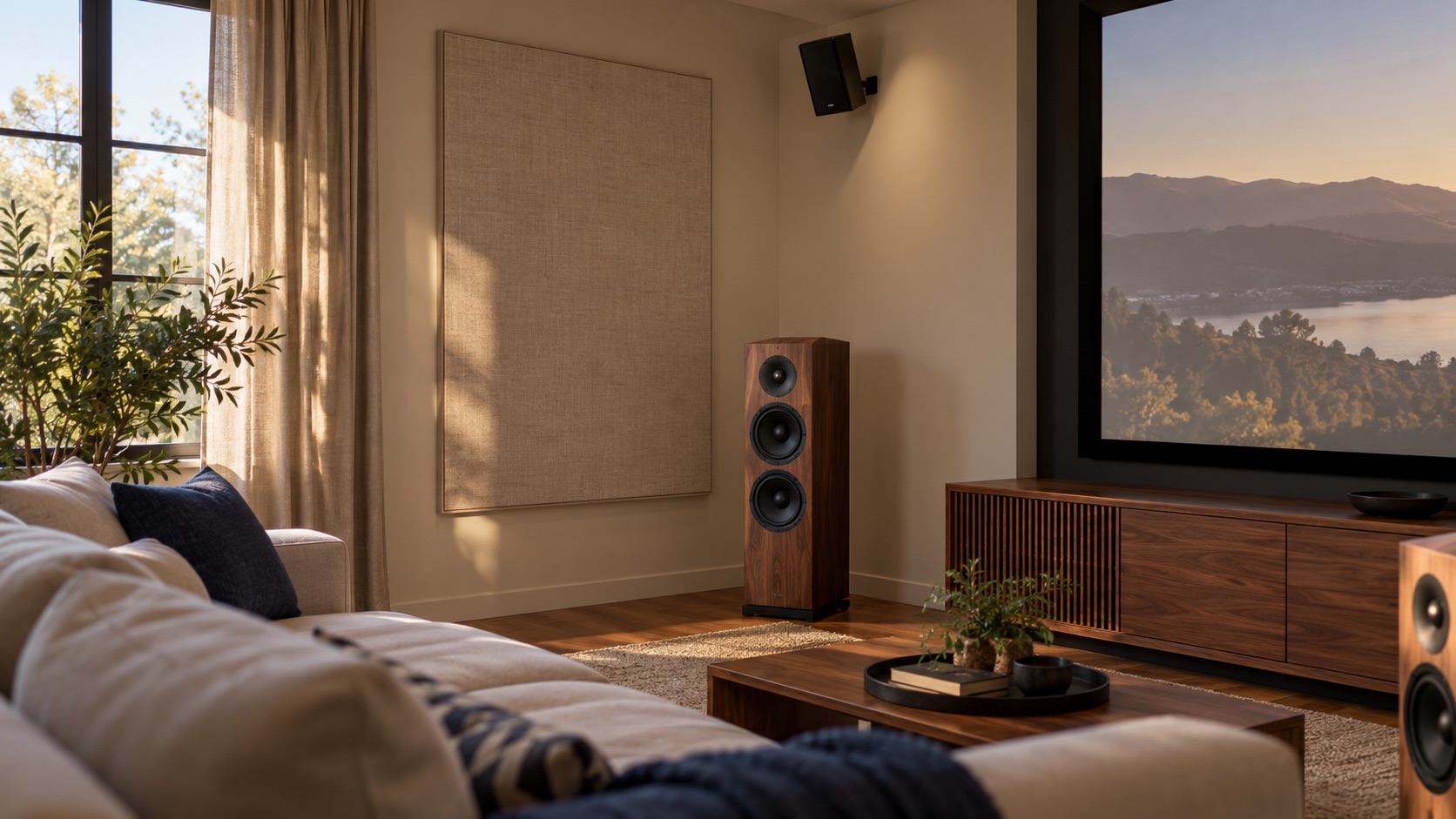 An illustrated room corner with a floor-standing speaker below a small black speaker mounted high on the wall on a bracket, beside a large screen and a fabric acoustic panel.