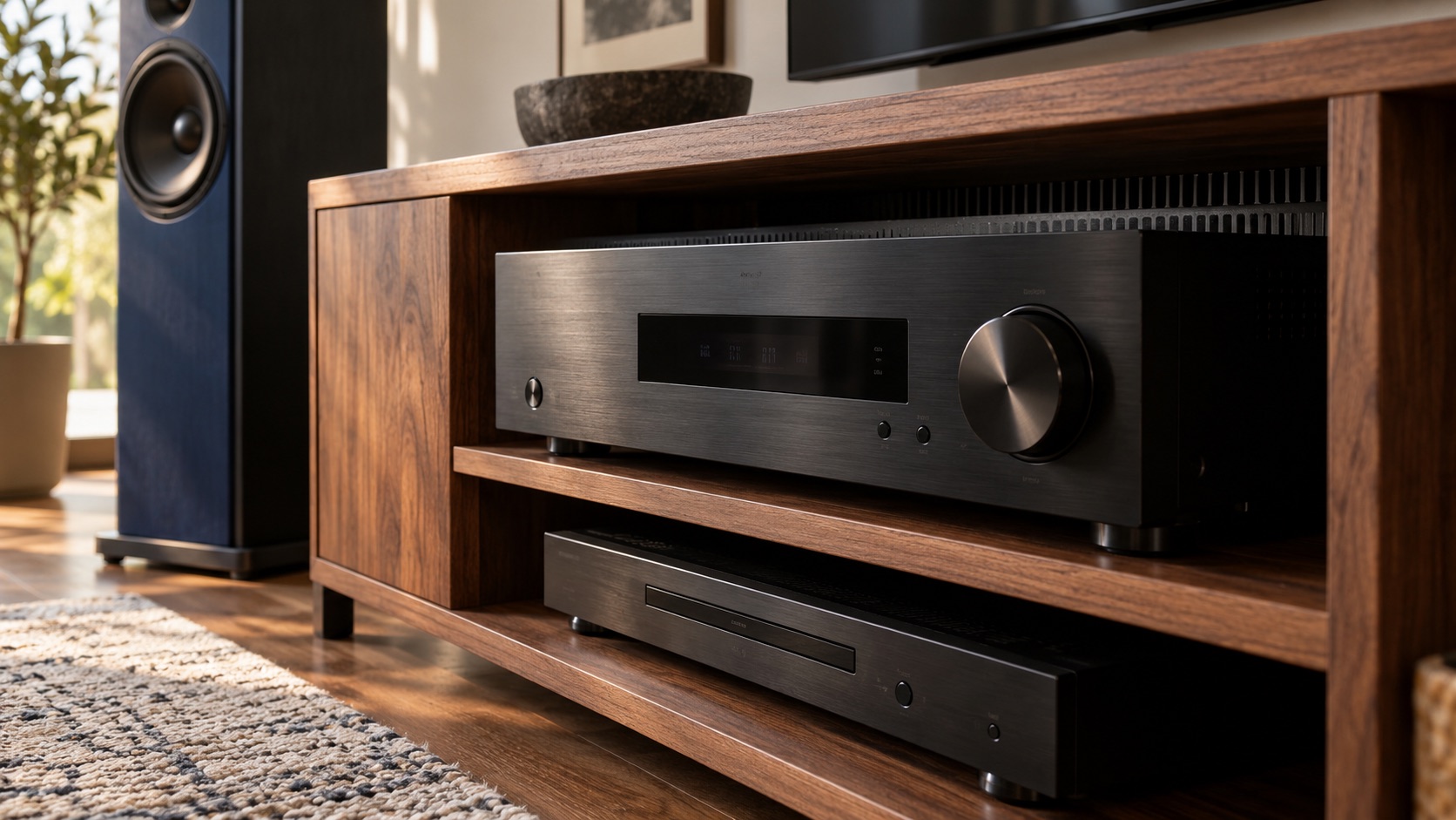 An illustrated black AV receiver above a slim disc player on two shelves of a walnut media cabinet, with a floor-standing speaker beside it.
