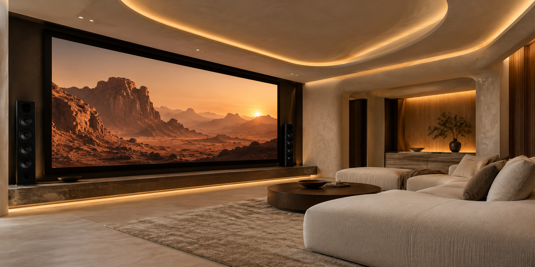 A contemporary home cinema with comfortable seating and a large projection screen