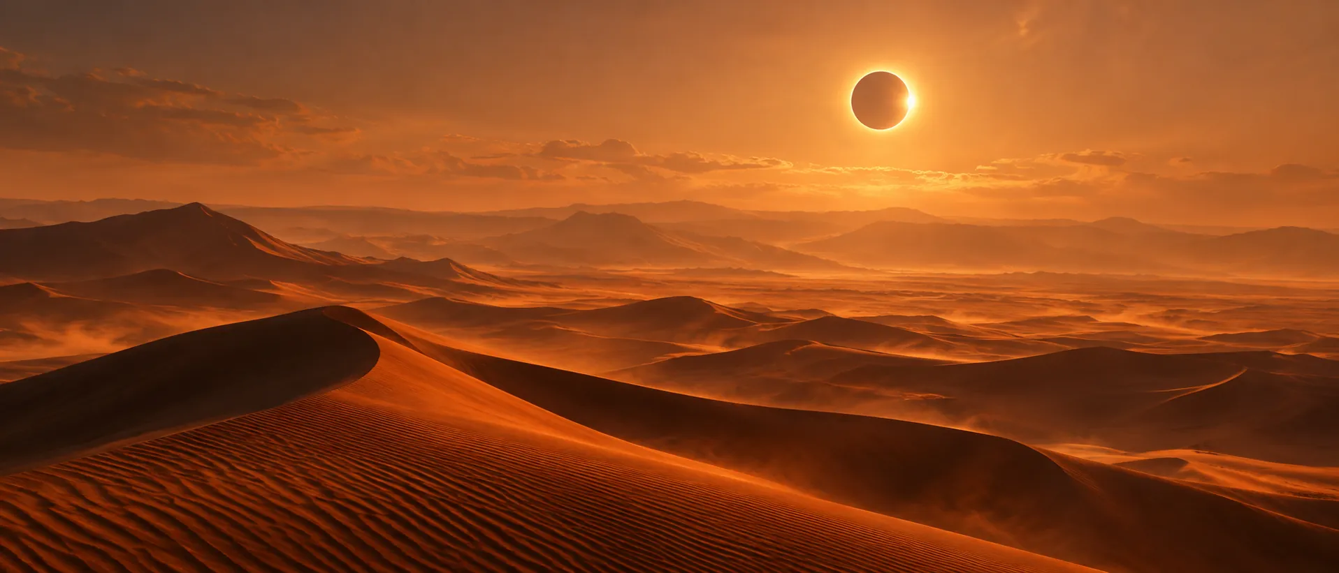 An eclipse over vast amber desert dunes
