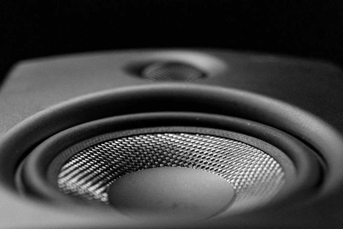 Close-up of a speaker’s bass driver in black and white.