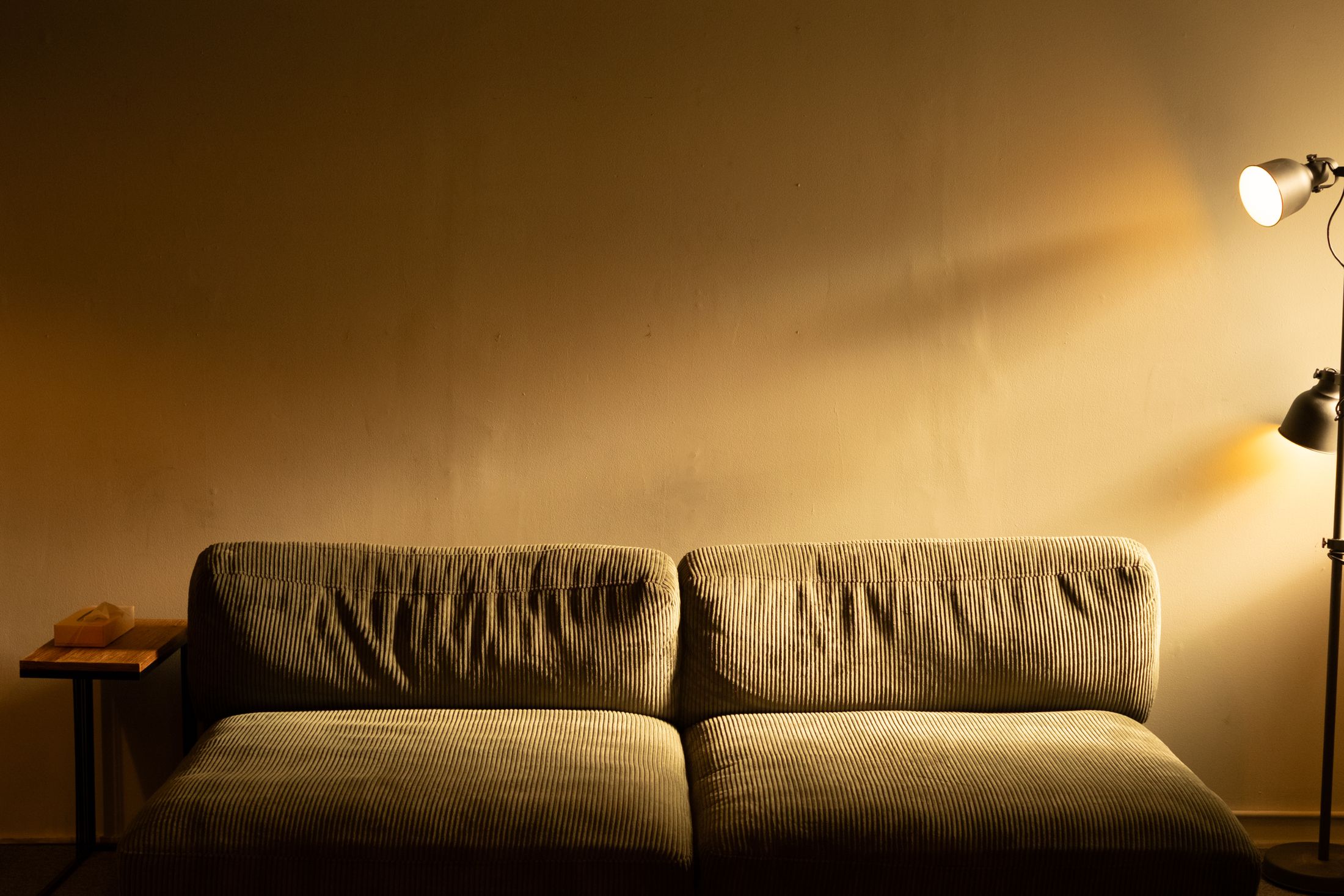 A corduroy sofa beside a glowing floor lamp in a warm living room.